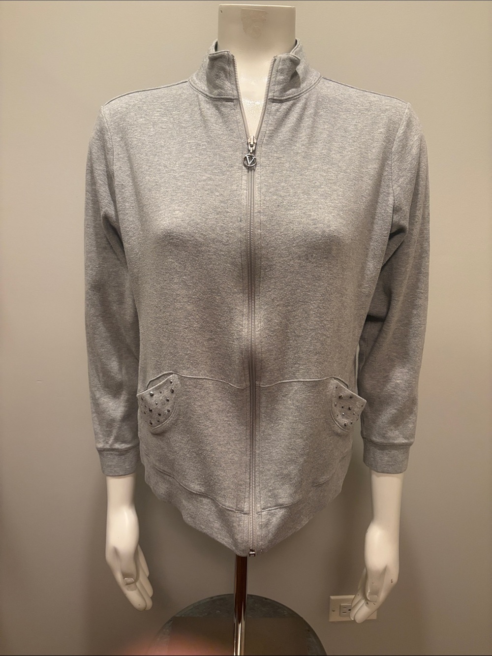 Joan Vass Gray Full-Zip Sweatshirt with Studded Pockets Size 2 Large